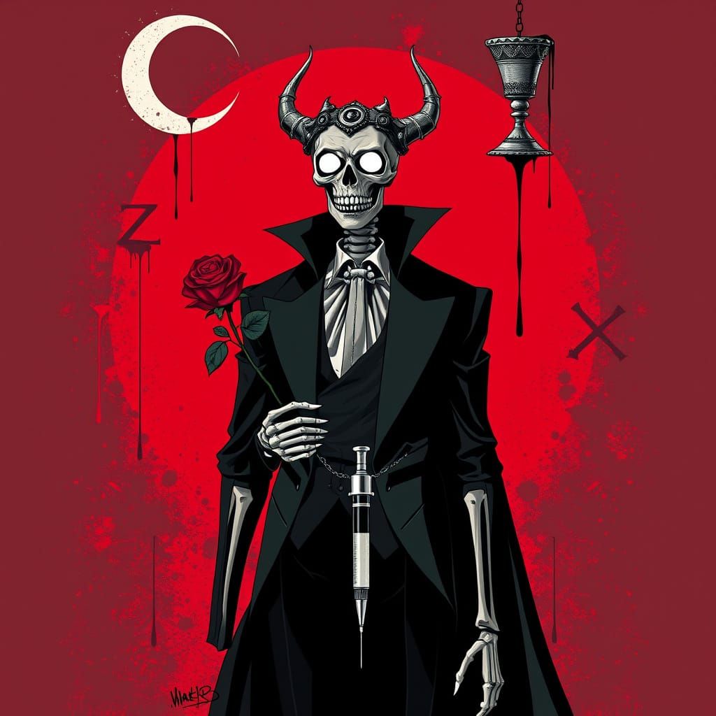 Dark Surrealist Fashion Model Dracula in Occult Minimalist S...