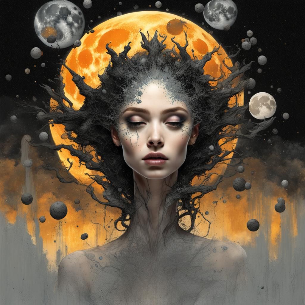 Full moon radiance silhuete Realistic Shattered images Galactica Queen Made out of a lava drops dancing in mirror reflec...