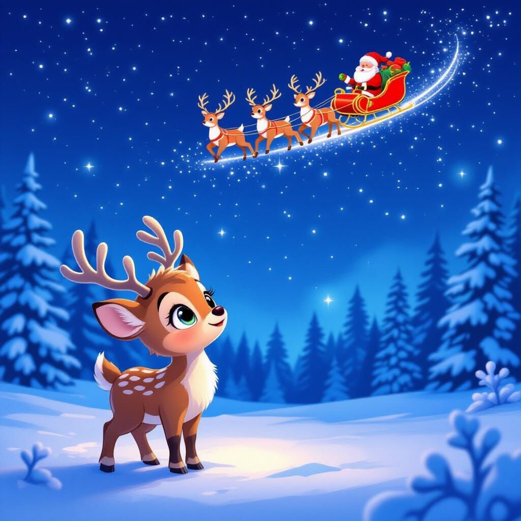 Baby Reindeer Dreams of Santa's Sleigh in Snowy Forest