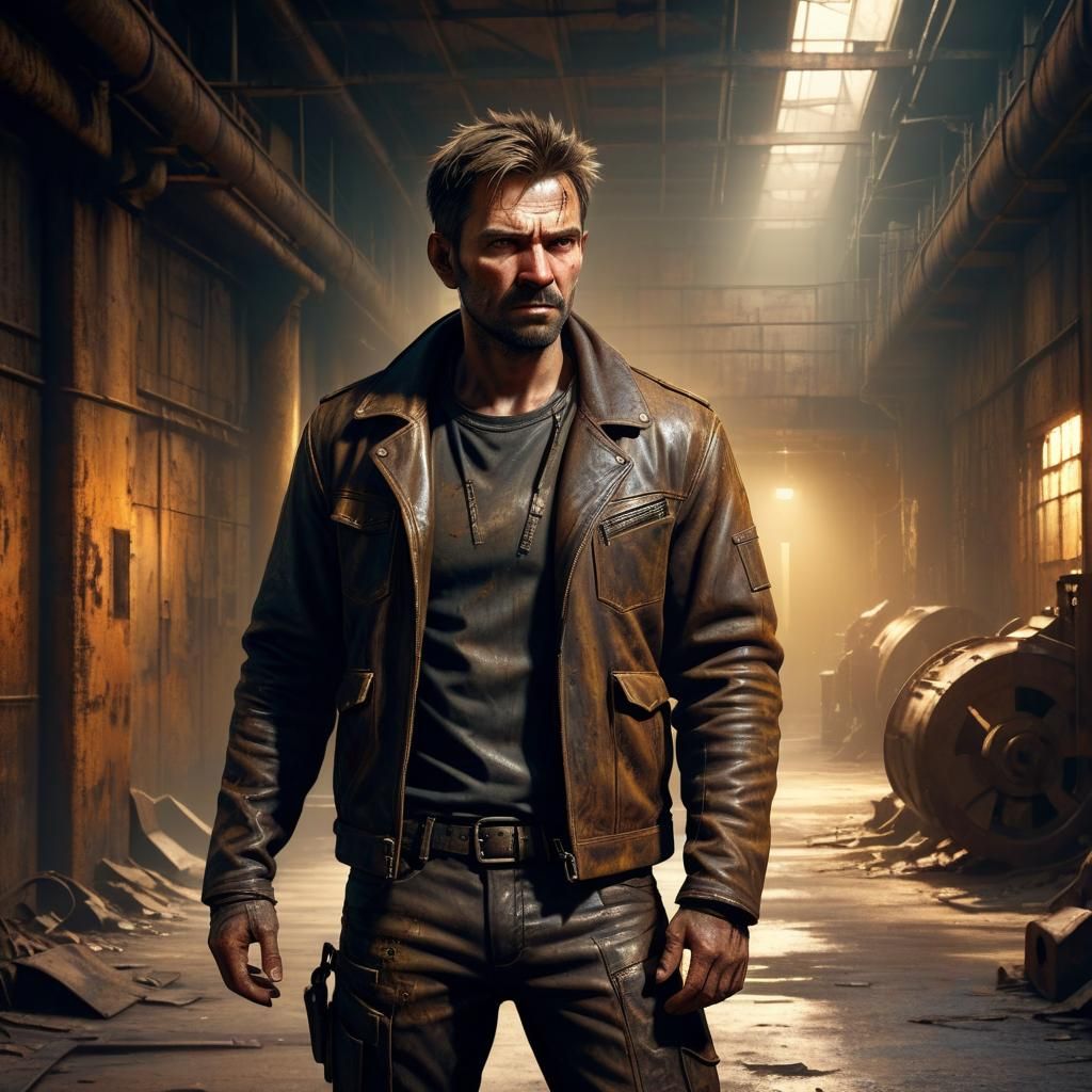 Gritty Man in Abandoned Industrial Corridor Concept Art