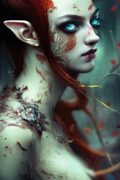 Auburn-Haired Elf with Black Flowers, Digital Art