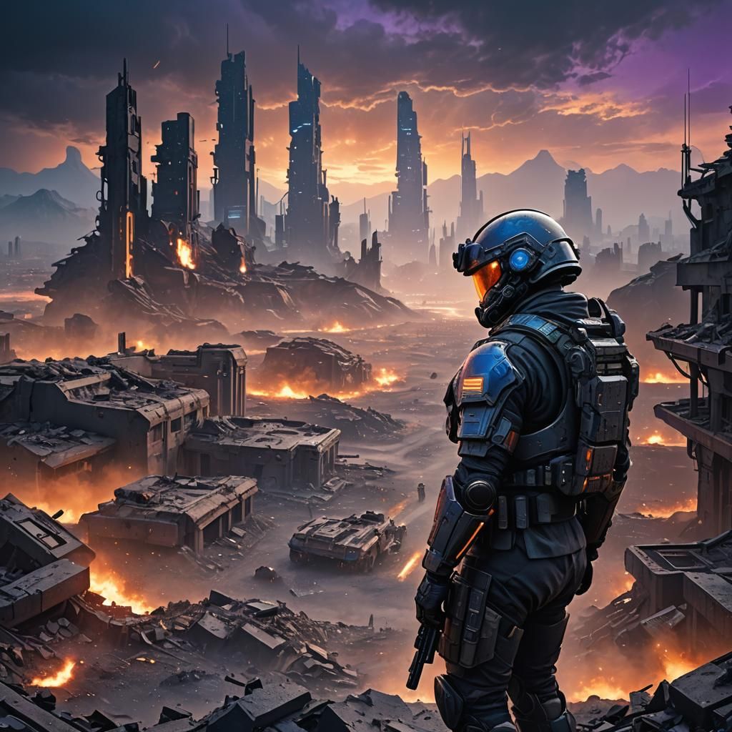 Futuristic Soldier in War-Torn Cityscape