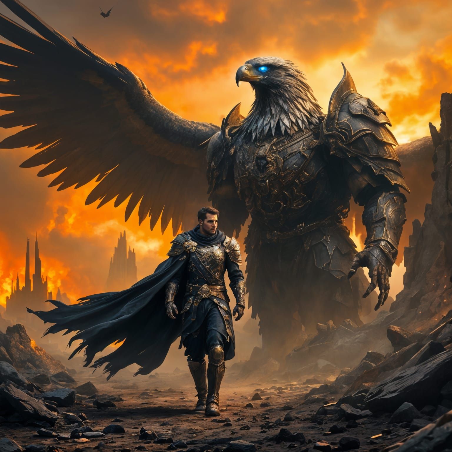Epic Fantasy Warrior Walks Beside Majestic Armored Eagle in ...