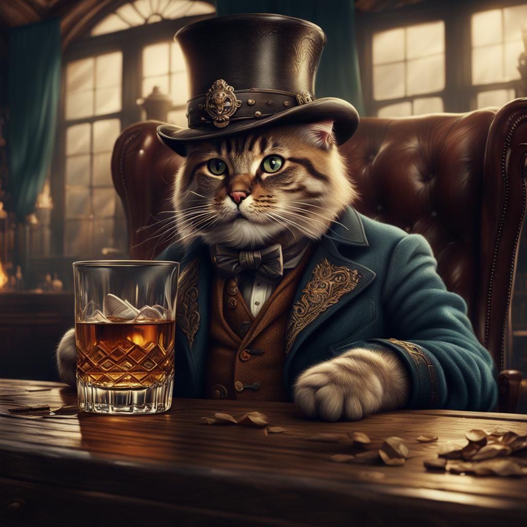 Cat with Mustache Drinking Whiskey: Digital Matte Painting