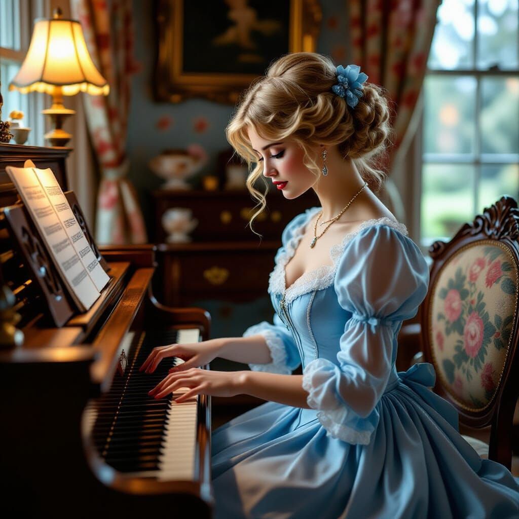 Victorian Lady Plays Piano in Cozy Room