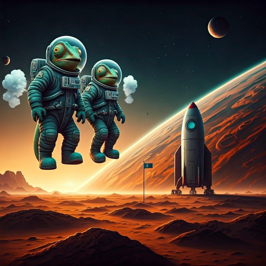 Chameleons in Space Suits Laughing and Floating