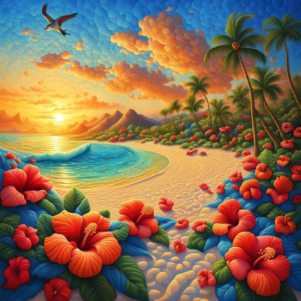 Tropical Paradise Sunset in Quilted Style
