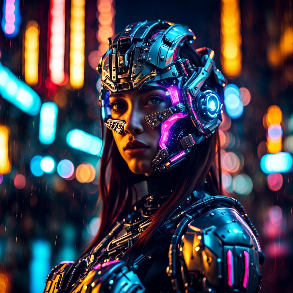 Cyborg Girl with Neon Armor in Cyberpunk City