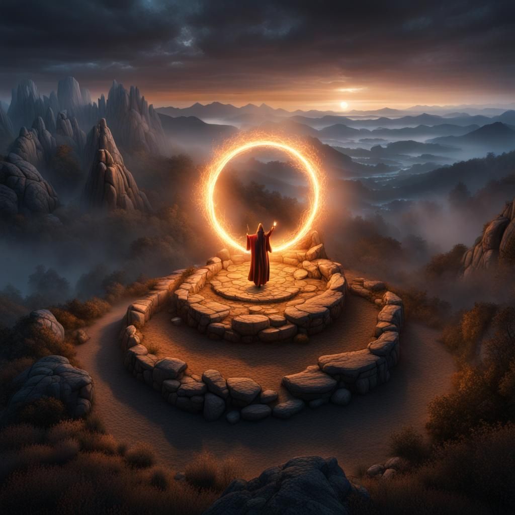 Mysterious Wizard Casting Spell on Misty Mountain