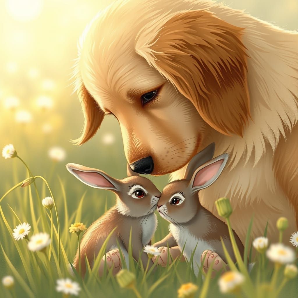 Golden Retriever and Rabbit Nuzzling in Meadow