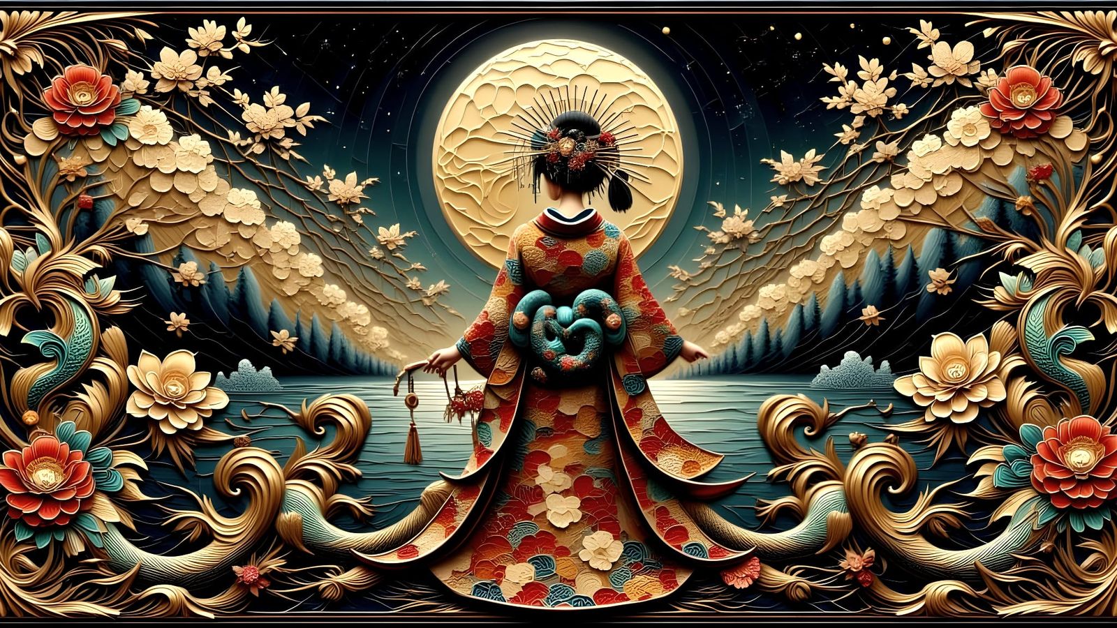 Surreal Serpent in Japanese Kimono Pattern