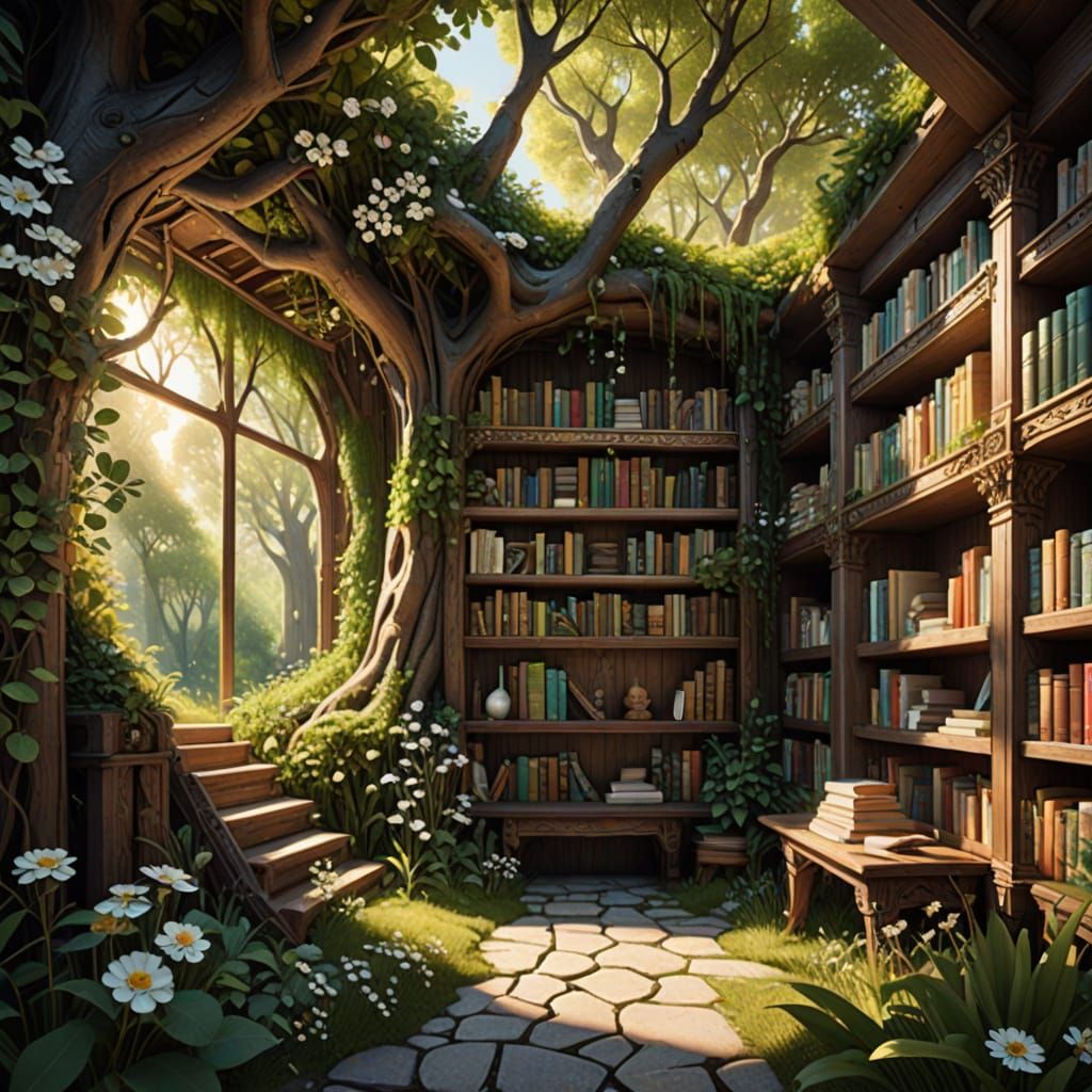 Whimsical Forest Library with Magical Realism