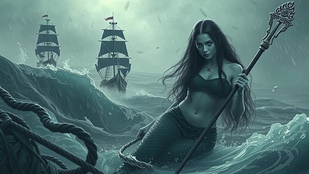Mermaid Battles Stormy Seas with Sailing Ships