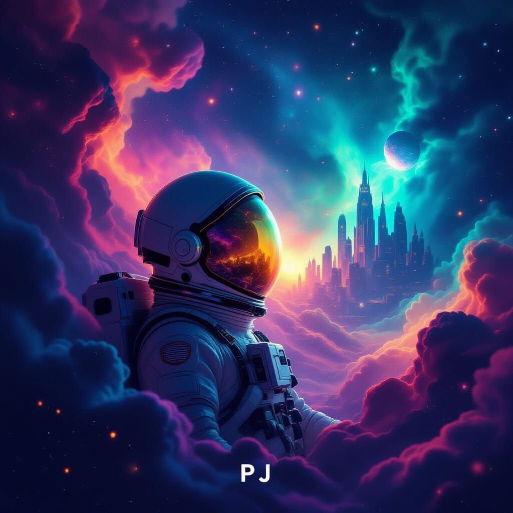Astronaut Adrift in Cosmic Nebula Reflecting Alien City