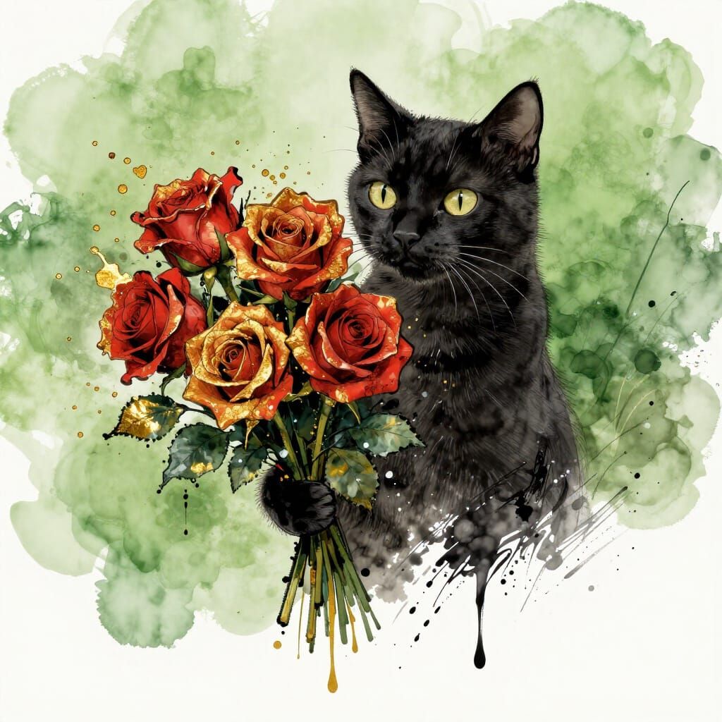 Cat Holding Rose Bouquet with Golden Drippings