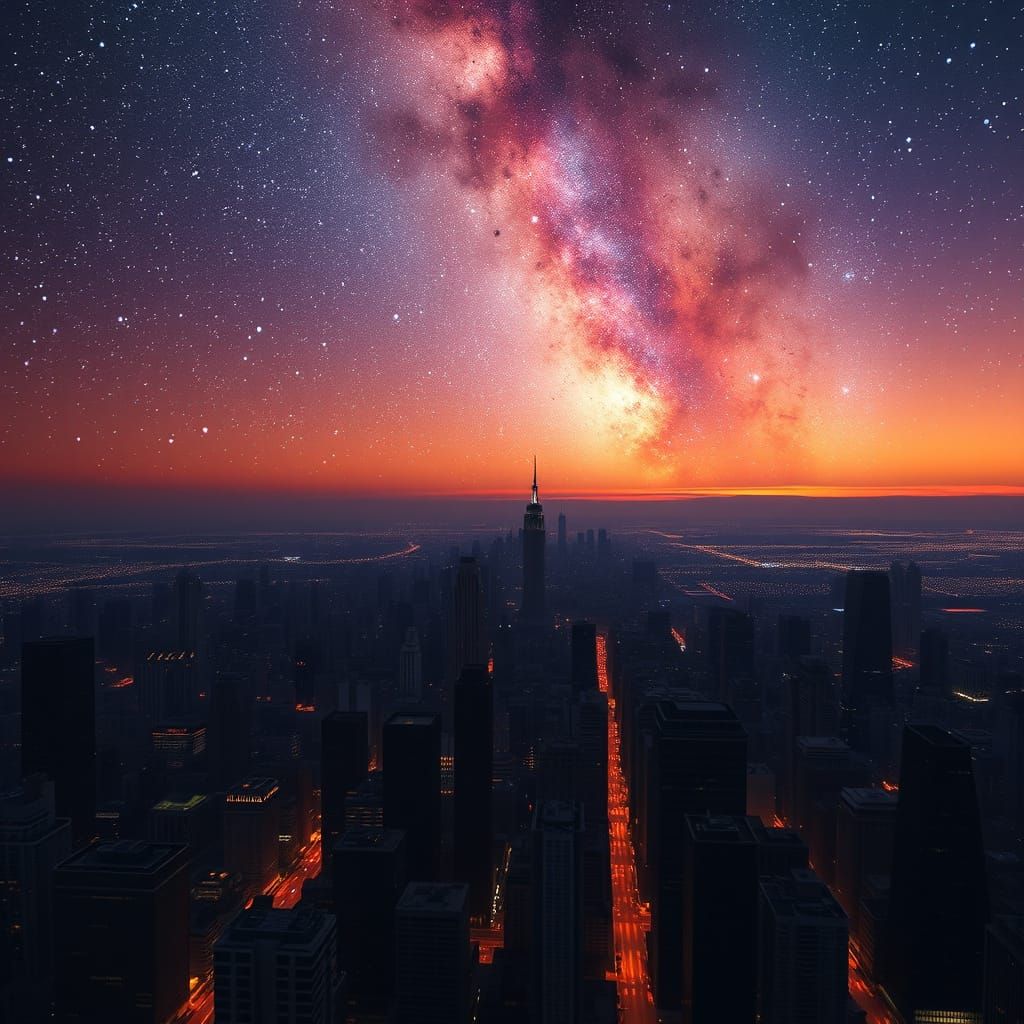 Stunning Cityscape Under a Starry Milky Way Sky