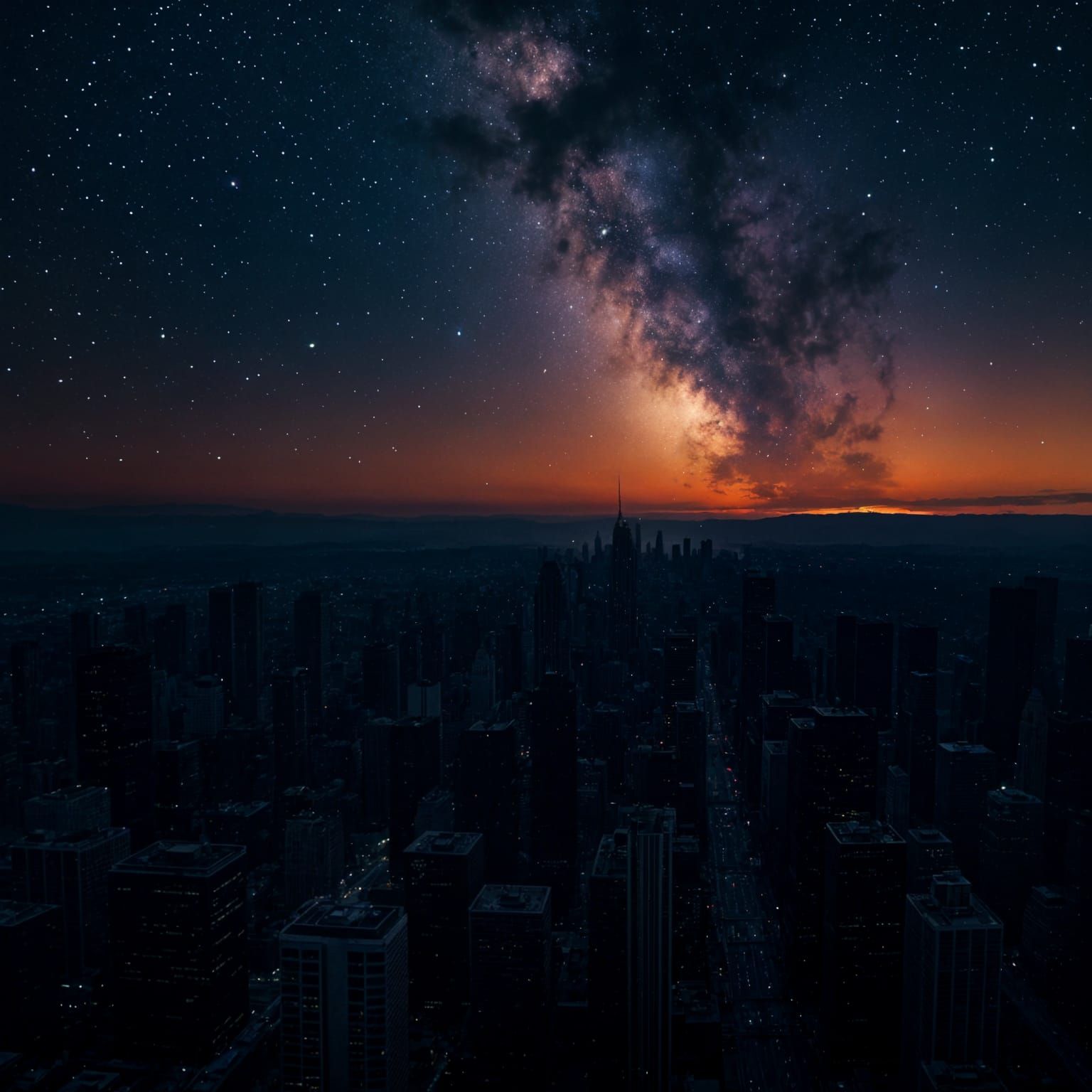 Epic Sunset Cityscape with Milky Way Galaxy