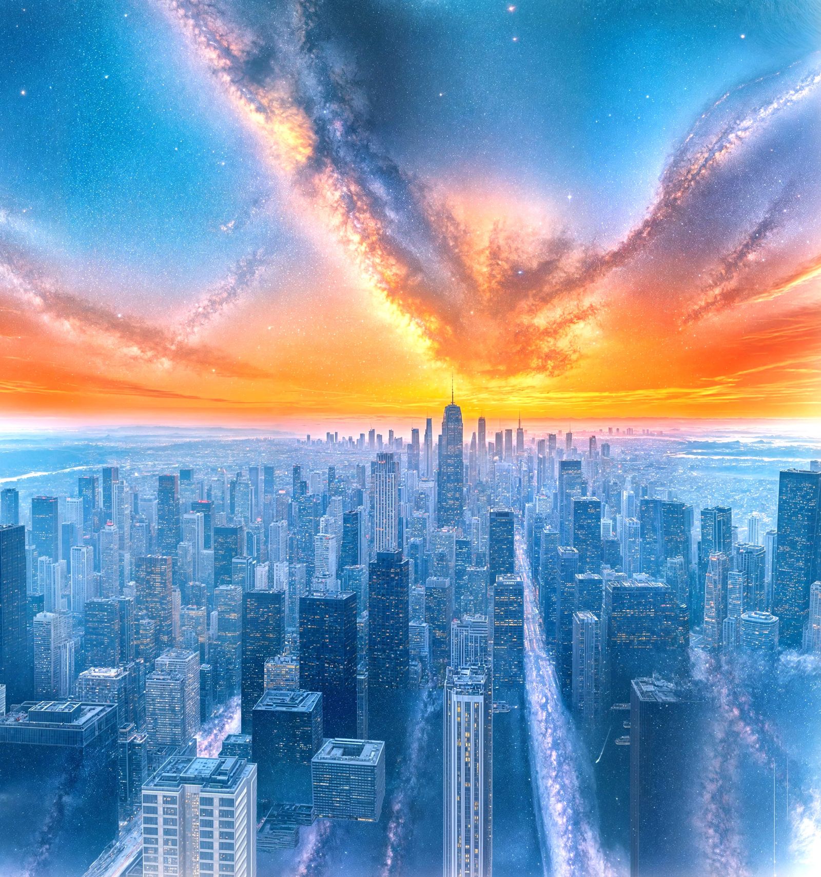 Epic City Sunset with Milky Way Galaxy