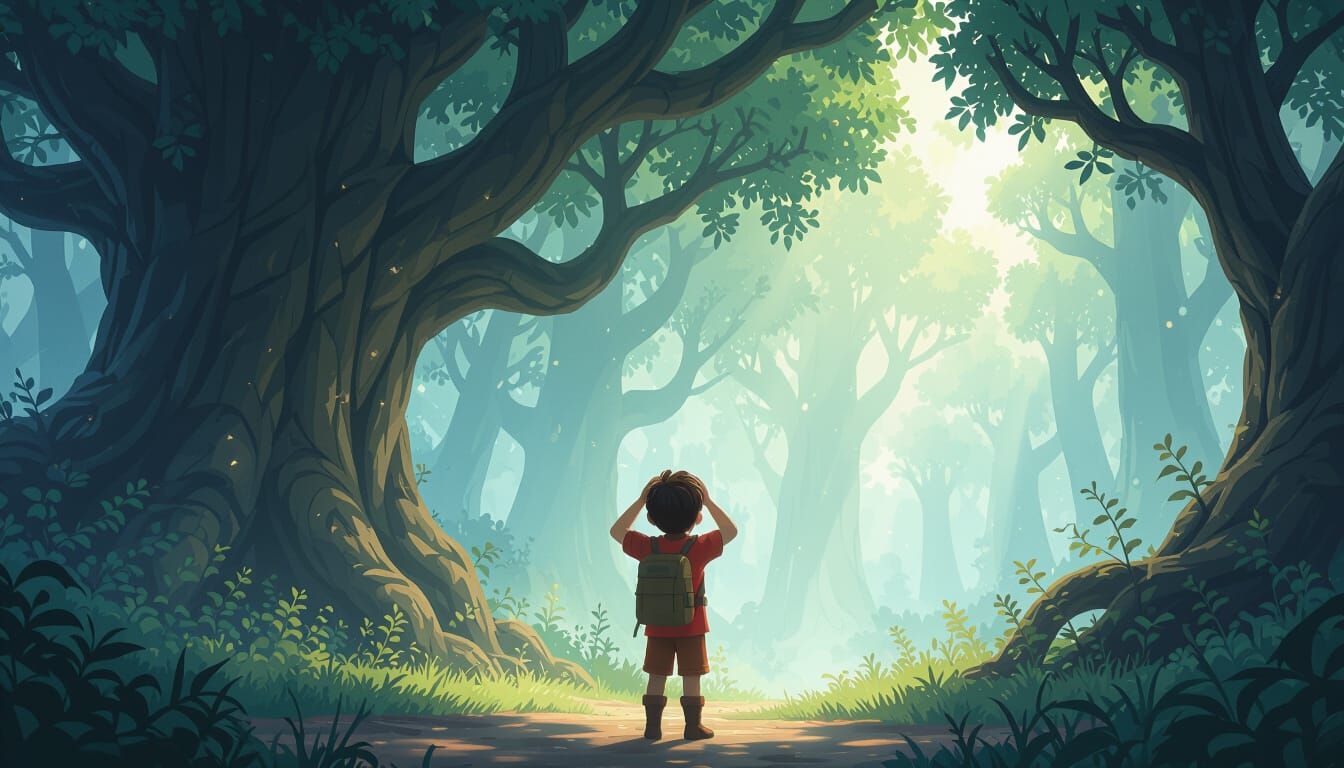 Boy at Forest Entrance in Ethereal 3D Pixar Style