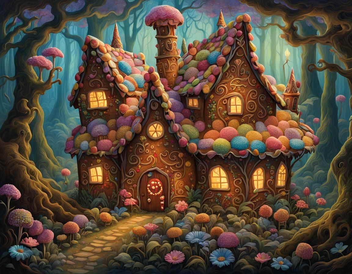 Candy Gingerbread House in Whimsical Forest Scene