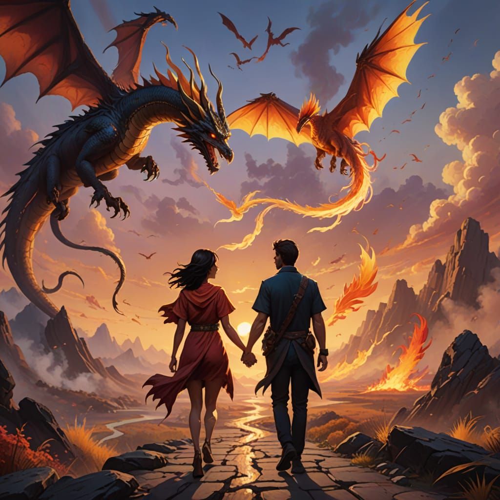 Fantasy Couple with Dragon and Phoenix in Oil Painting Style