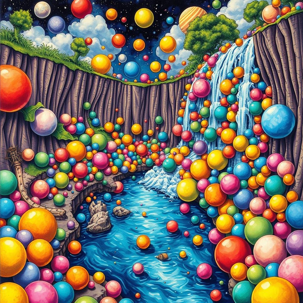 Psychedelic Sphere Waterfall in Hand-Drawn Style