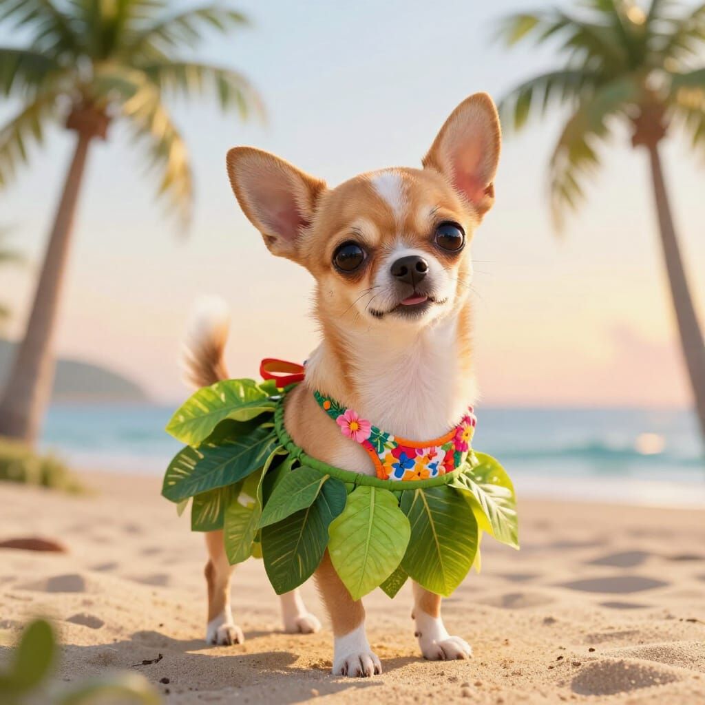 Chihuahua in Hula Skirt on Beach at Golden Hour