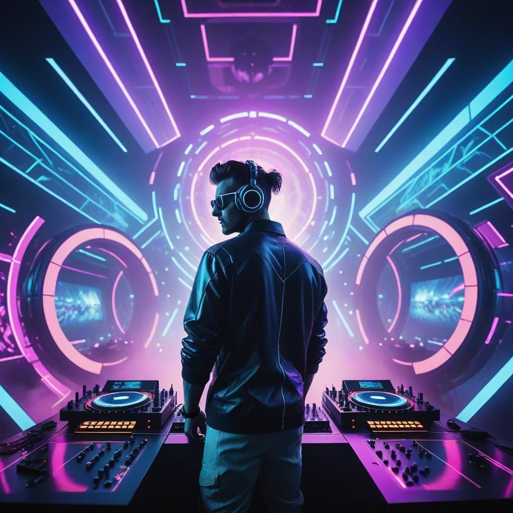 Futuristic Nightclub Scene with DJ and Ravers in Neon Lights
