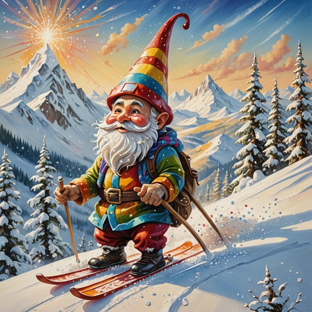 Gnome Skier on Sugar Mountain: Whimsical Fantasy Art