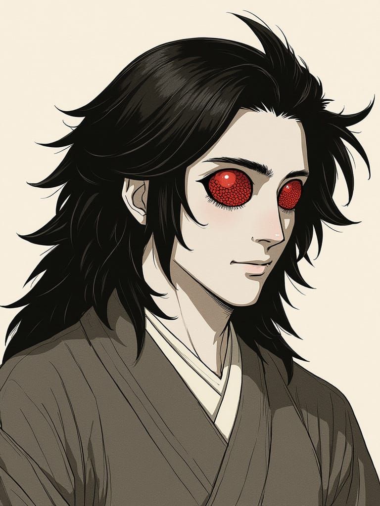 Anime Portrait of Young Man with Red Insectoid Eyes