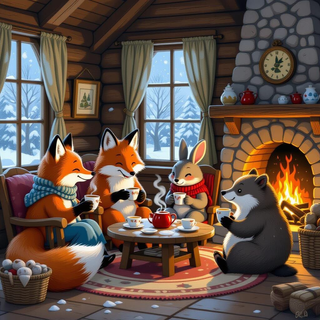 Forest Animals Gather for Tea in Cozy Cabin