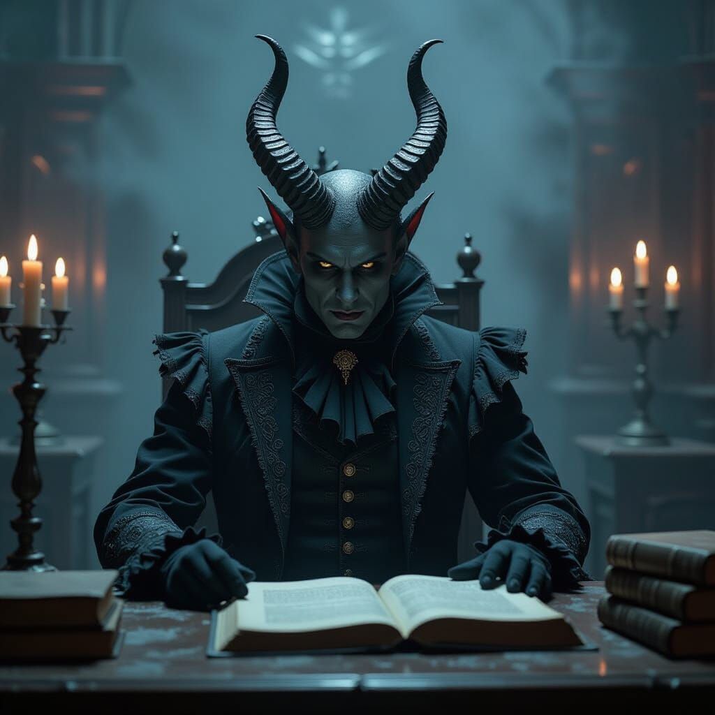 Demonic Yugoloth Lawyer in Hellish Courtroom