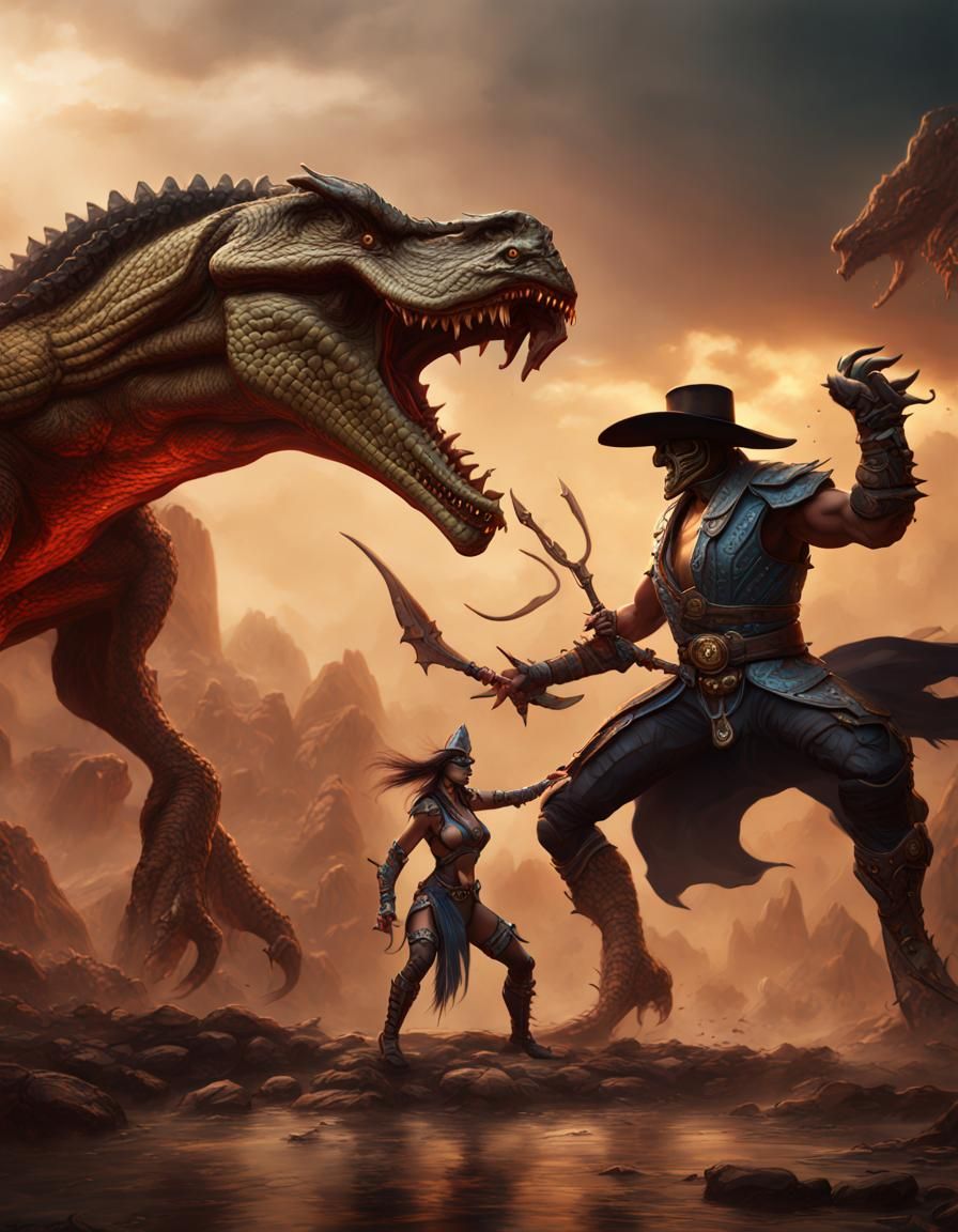 Saurian Cowboy Battles Evil Goddess in Mortal Kombat Style
