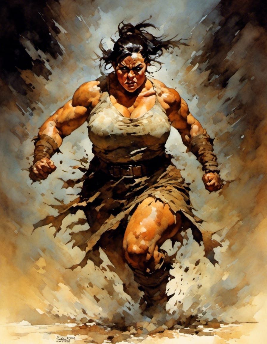 Muscular Barbarian Woman Charging Through Dust Cloud