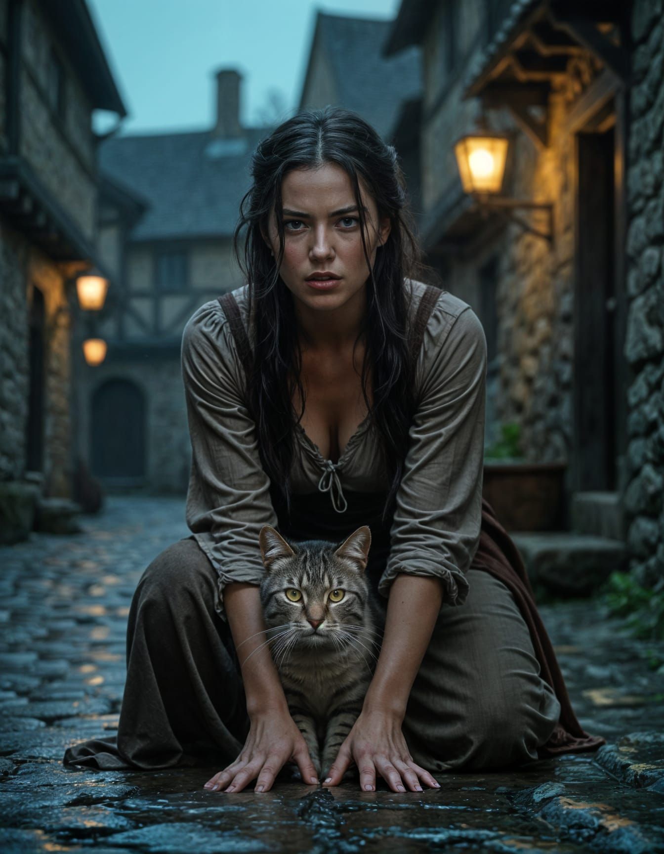 Medieval Woman's Transformation into a Cat: Cinematic Still