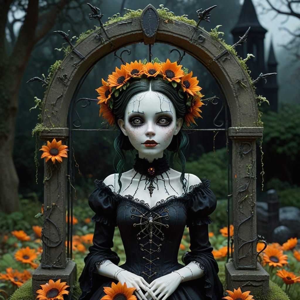 Ethereal Goth Doll in Whimsical Halloween Scene