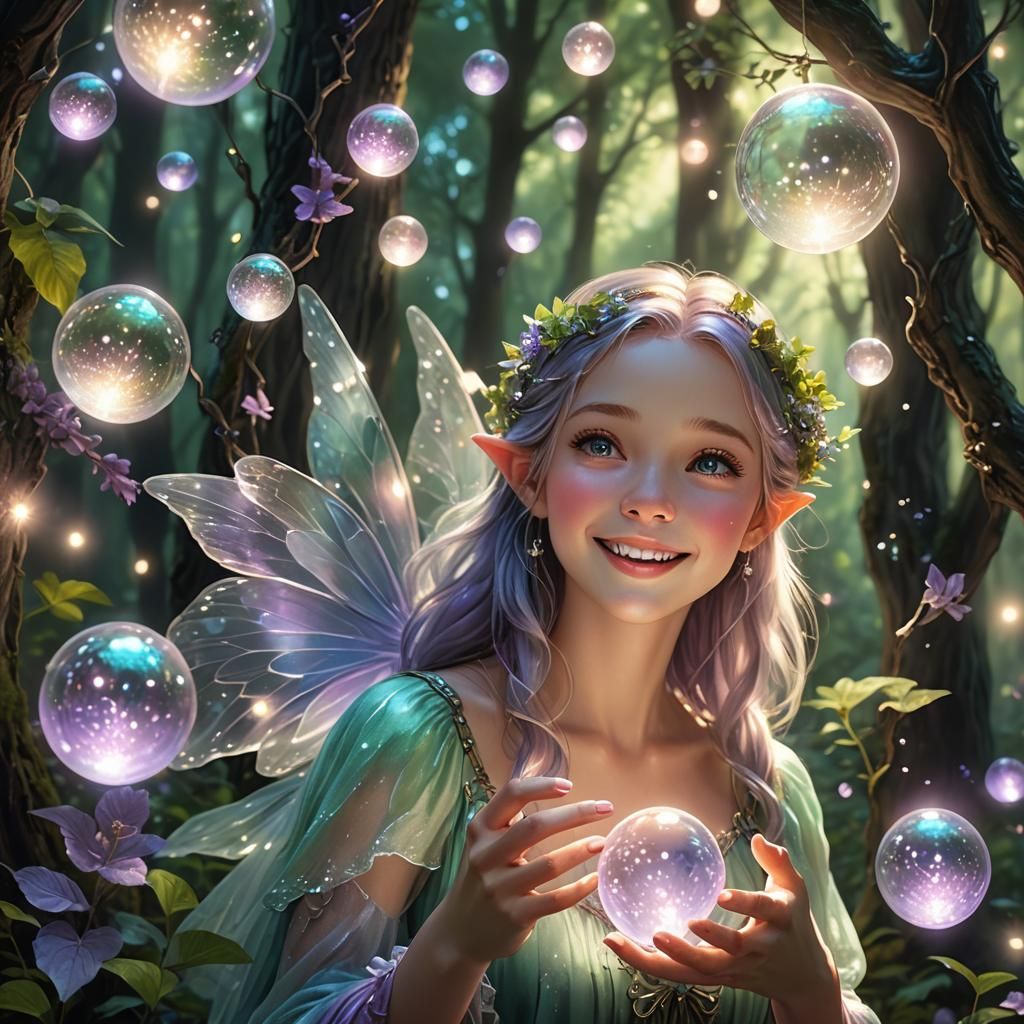 Smiling Fairy with Glowing Orbs in Dreamlike Forest