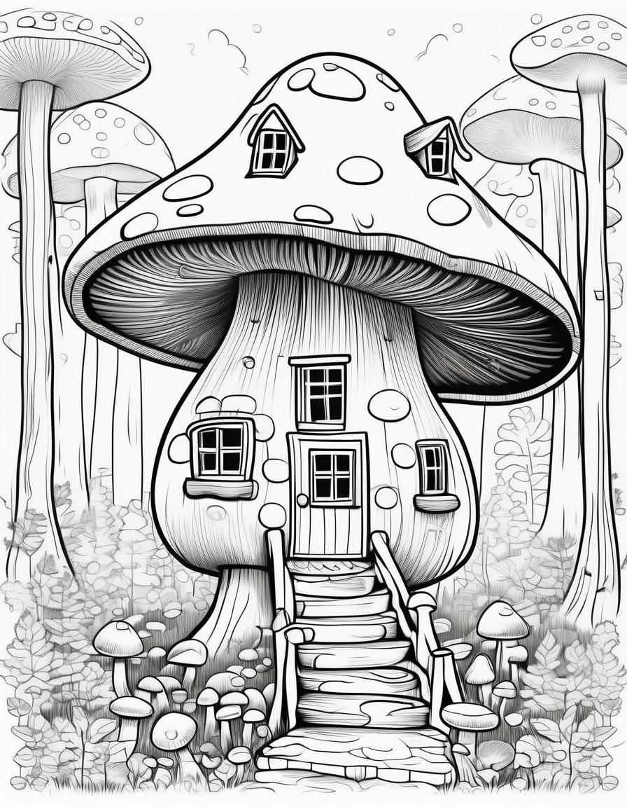 Mushroom House Coloring Page in Sketch Style