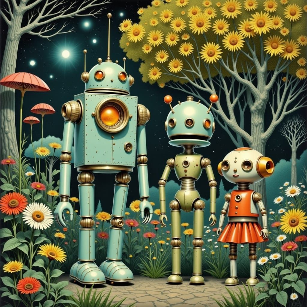 Retro Robots in Enchanted Garden as Vintage Postcard