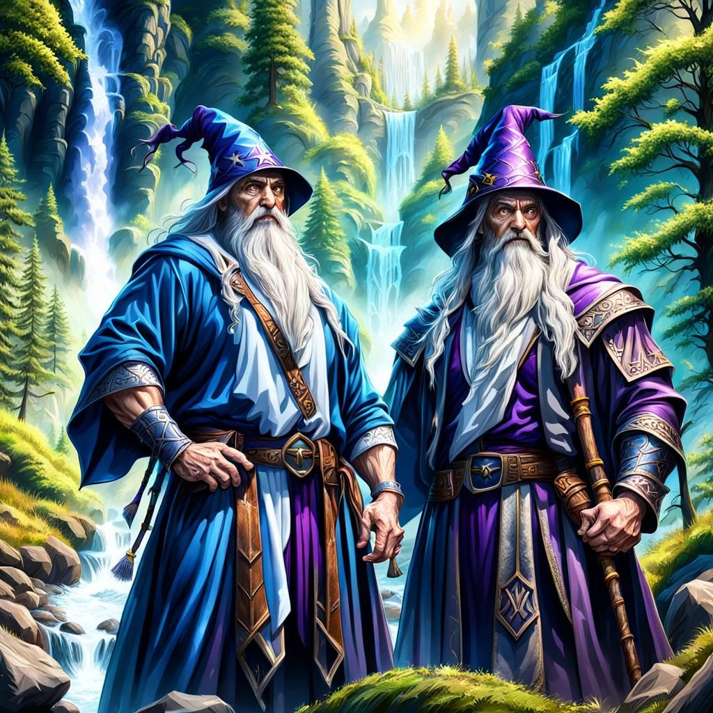 Fantasy Wizards in Forest with Waterfall, Photorealistic