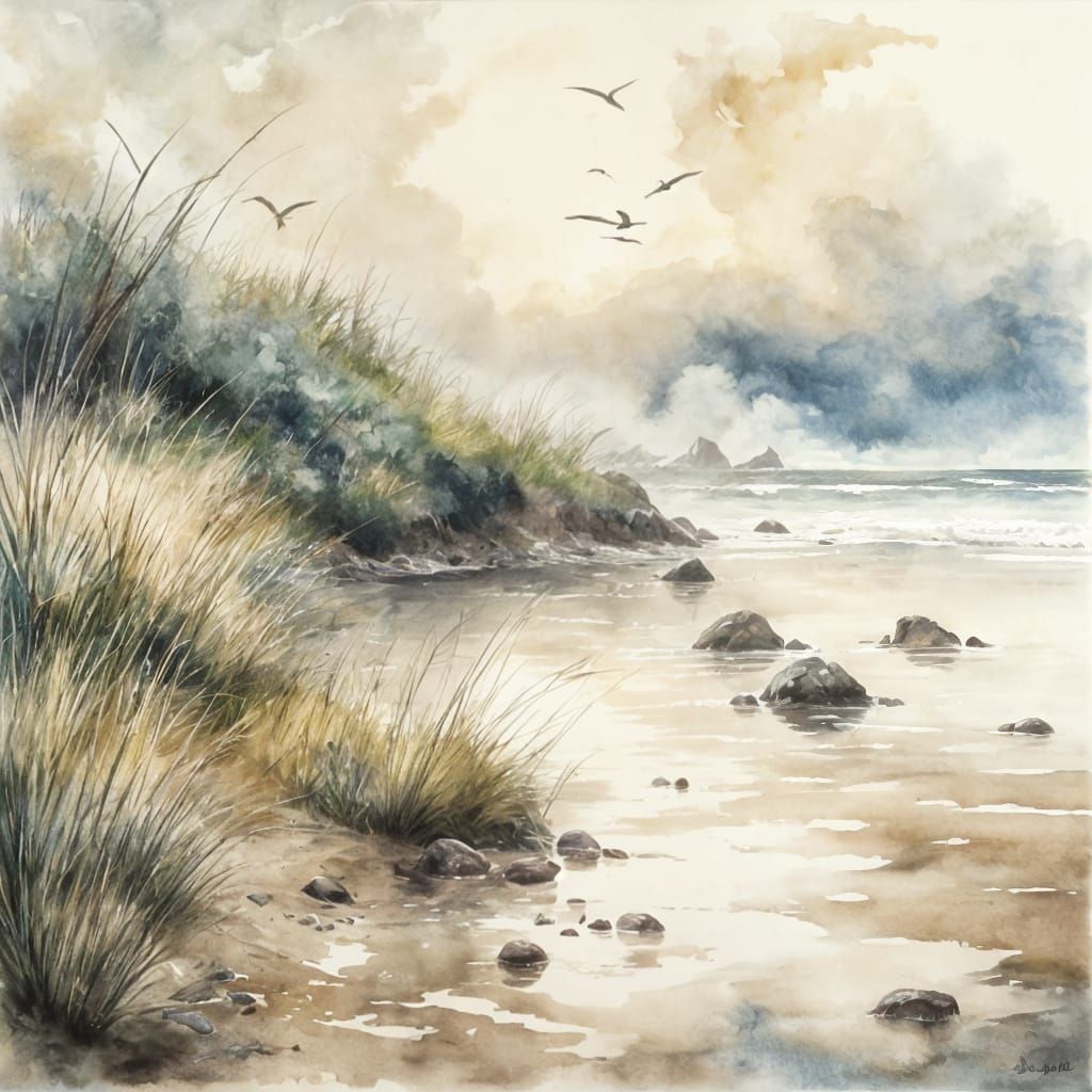 Windy Beach Scene: Footprints Washed Away, Woman Watches Gul...