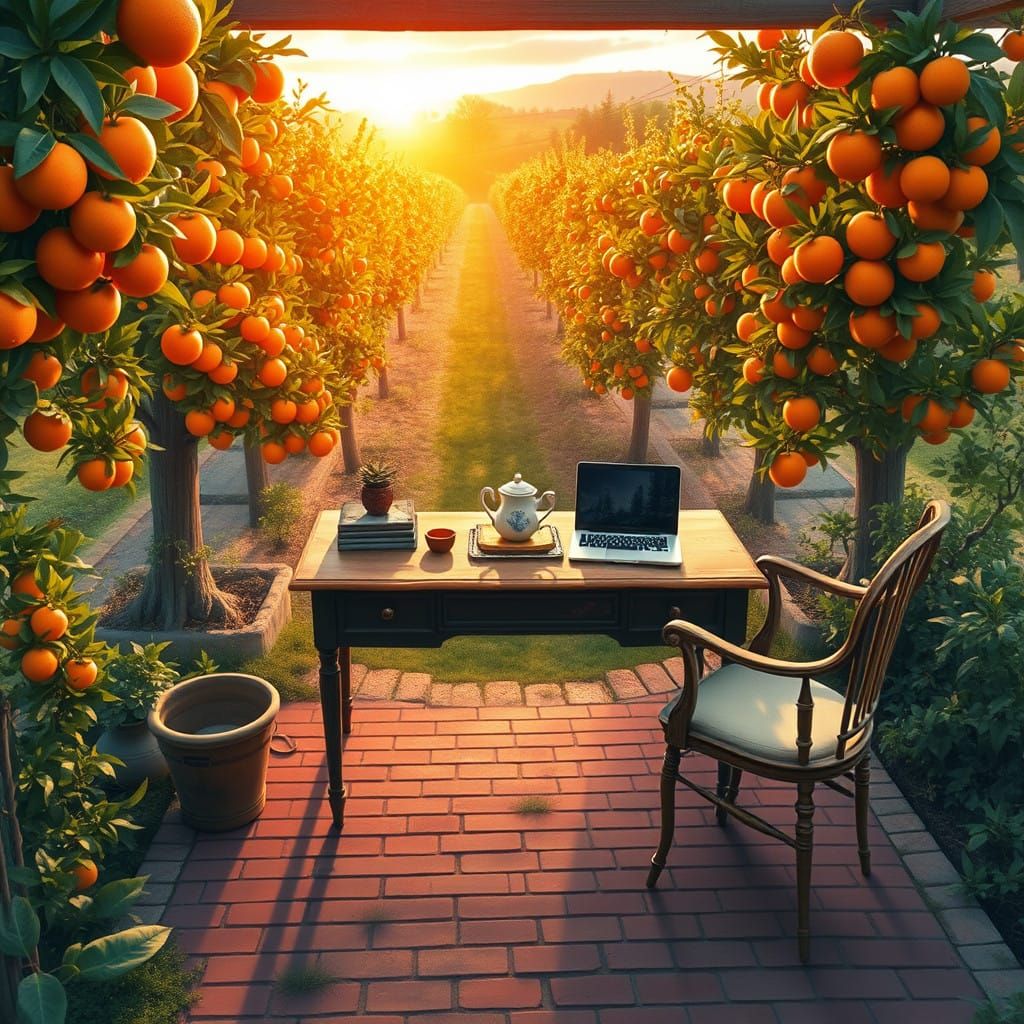 Idyllic Watercolor Farmhouse Scene in Vibrant Orange