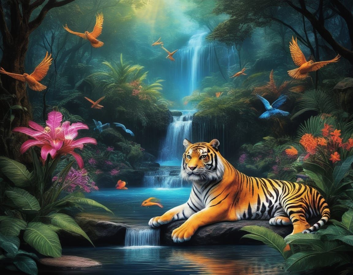 Iridescent Tiger Soaring Through Neon Forest
