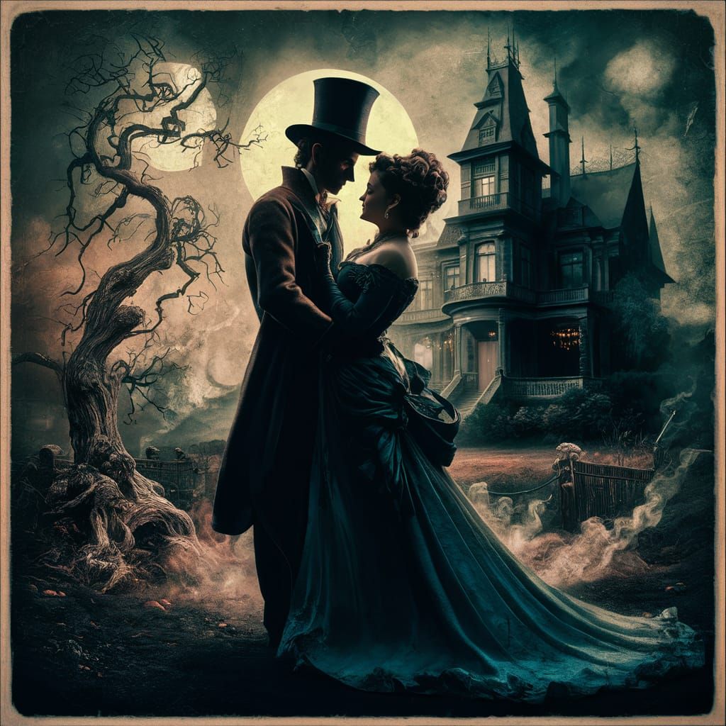 Eerie Victorian Couple in Gothic Silhouette Photograph
