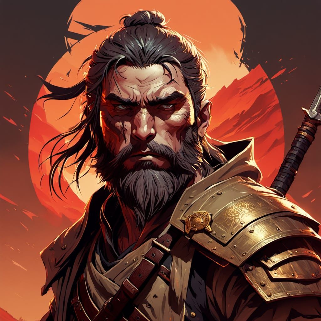 Grizzled Warrior in Beige Robes with Sword and Shield