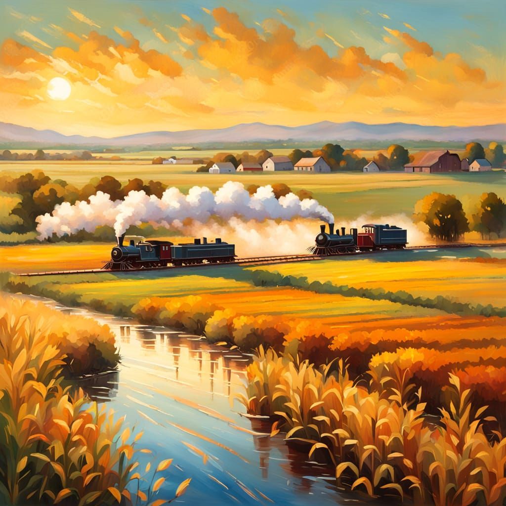 Impressionist Steam Engines Journey Through Golden Countrysi...