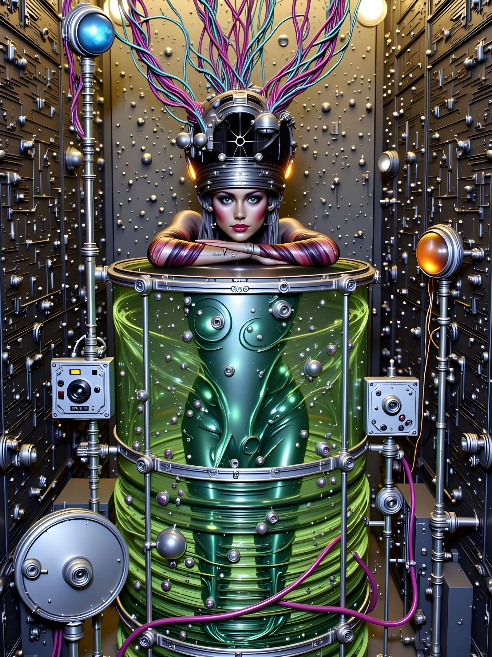 Woman in Green Waves with Futuristic Helmet