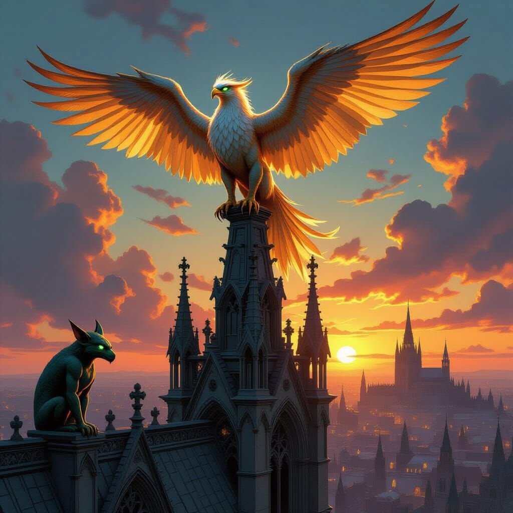 Golden Griffin on Gothic Cathedral in Dark Fantasy Style