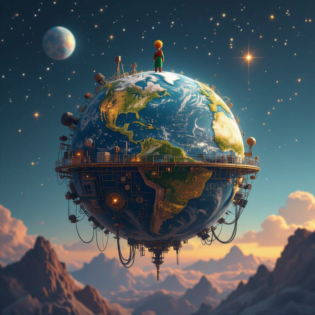 The Little Prince on a Tiny Planet with Sound Equipment