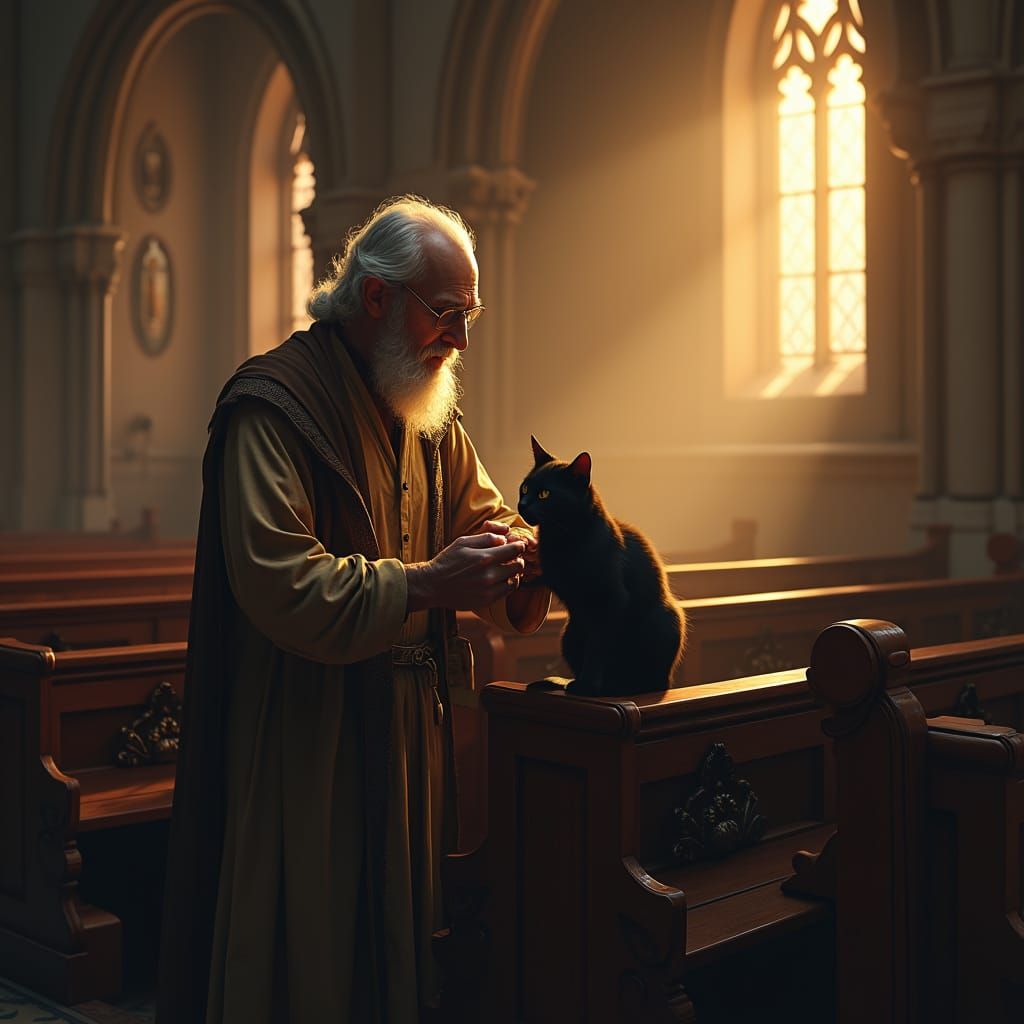 Old Man and Black Cat in Gothic Church